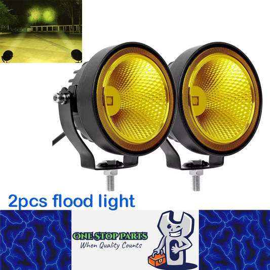 2 x Yellow LED Work Lights 60W Round 98mm 12V-24V Flood Beam LED Flood Lamps