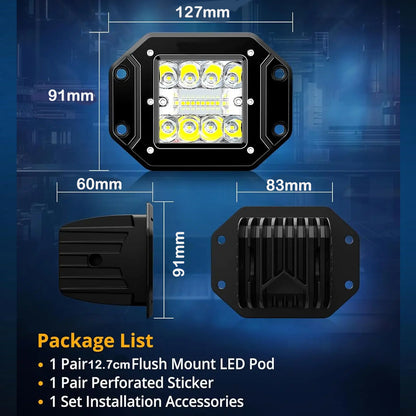 2 x Flush Mount Yellow LED Light Bar 36W 127x91mm Flood Spot Combo LED WorkLight