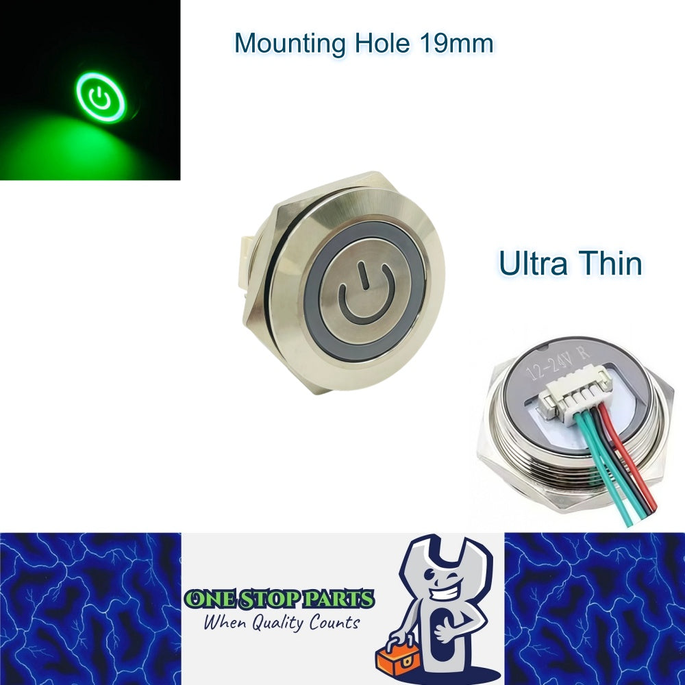 19mm Green LED Metal Push Button Switch Ultra Thin 12-24V Pre-Wired Self Reset