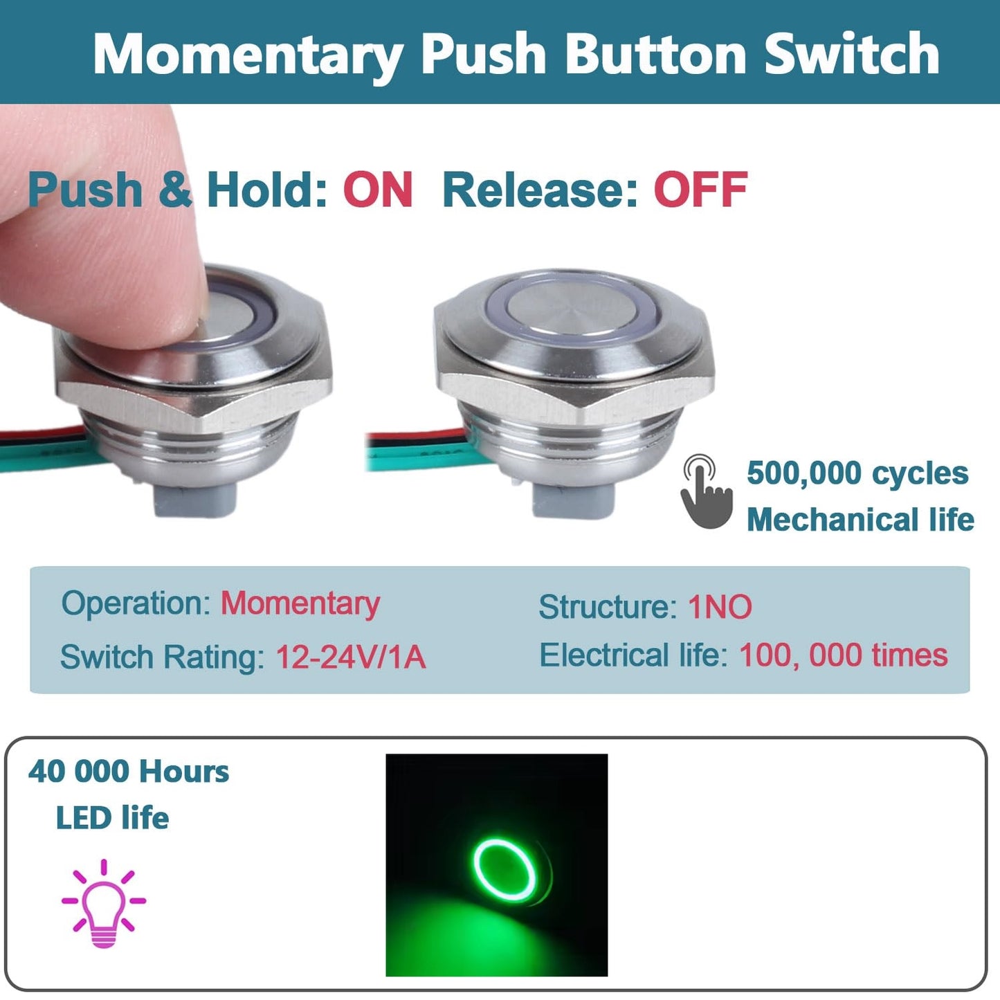22mm Metal Push Button Switch Ultra Thin Green LED 12-24V Pre-Wired Self Reset