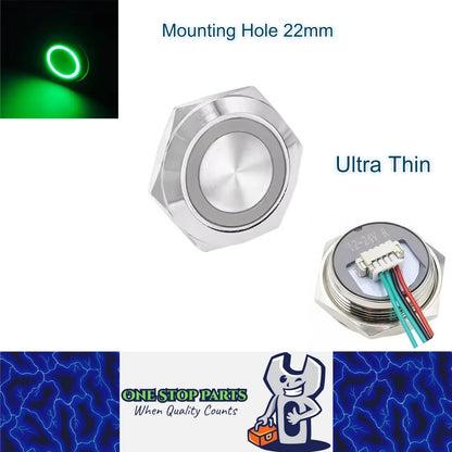 22mm Metal Push Button Switch Ultra Thin Green LED 12-24V Pre-Wired Self Reset