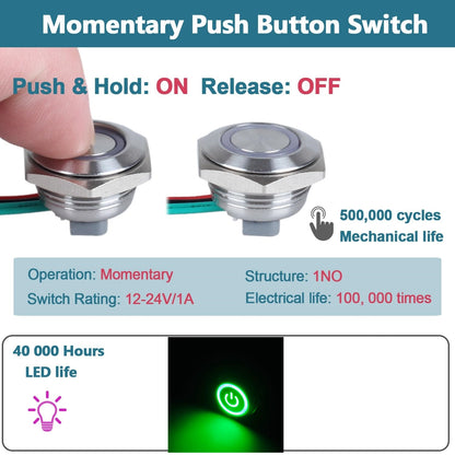 19mm Green LED Metal Push Button Switch Ultra Thin 12-24V Pre-Wired Self Reset