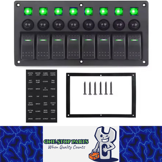 8 Gang Rocker Switch Panel Green LED Lights Pre-Wired with Circuit Breakers