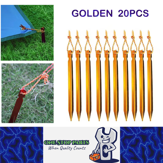 20 x Golden Tent Stakes 18CM Tri-Beam Tent Pegs with Rope Ground Nails Stakes