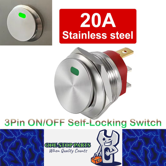 Green LED 22mm Metal Push Button Switch 12V 20A 3Pin ON/OFF Self-Locking Switch