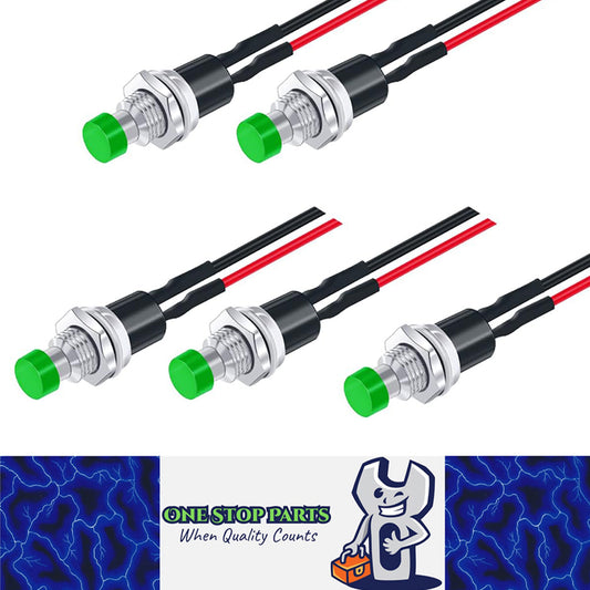 5 x Green Push Button Switches 7mm ON/OFF SPST Panel Mount Switches 20cm Wire