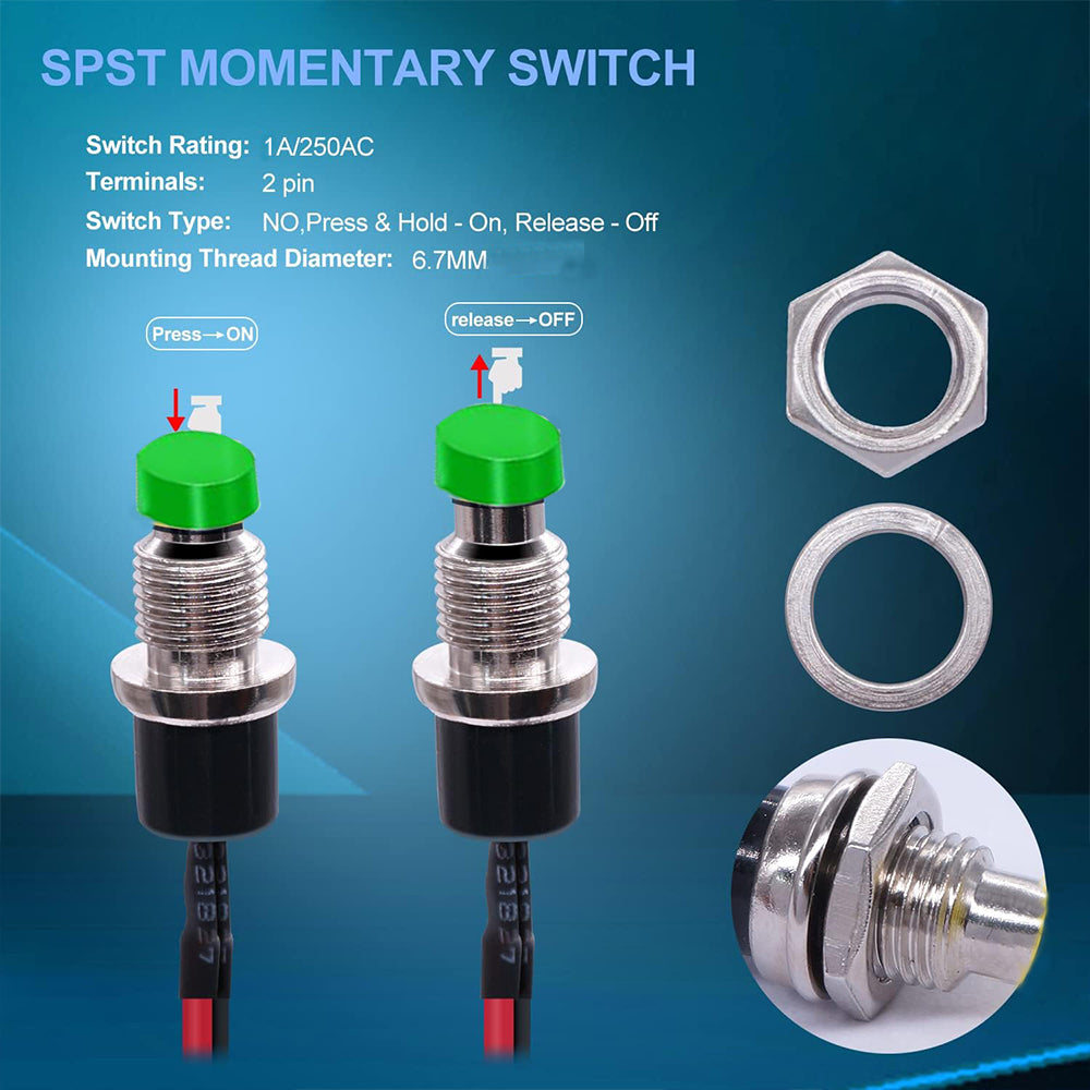 5 x Green Push Button Switches 7mm ON/OFF SPST Panel Mount Switches 20cm Wire
