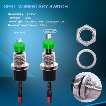 5 x Green Push Button Switches 7mm ON/OFF SPST Panel Mount Switches 20cm Wire