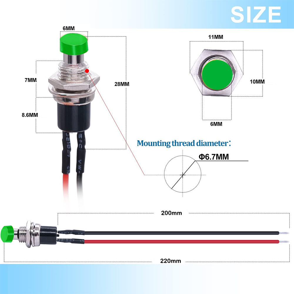 5 x Green Push Button Switches 7mm ON/OFF SPST Panel Mount Switches 20cm Wire