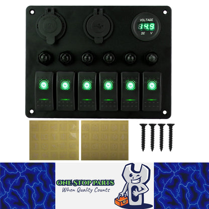 Green 6 Gang Switch Panel USB Charger Circuit Breakers Voltmeter Power Socket