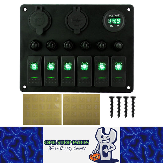 Green 6 Gang Switch Panel USB Charger Circuit Breakers Voltmeter Power Socket