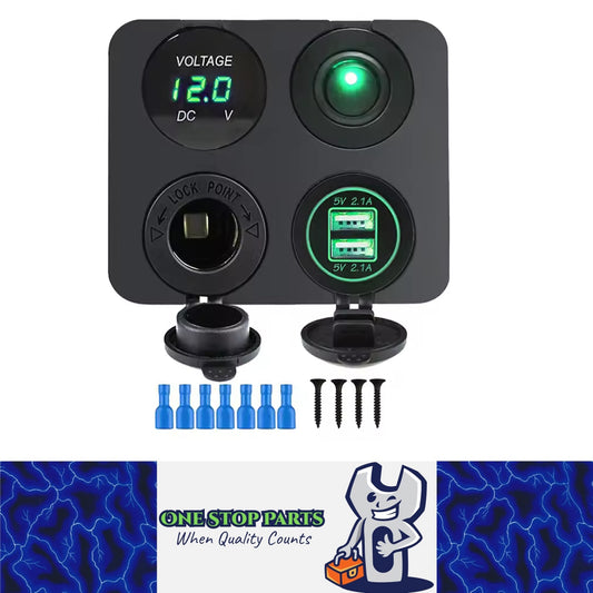 Green LED 4 in1 12V Switch Panel USB Charger Voltmeter Switch and Power Socket