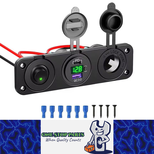 4 in1 Green Switch Panel 12V PD USB C QC3.0 USB Charger Voltmeter Power Socket