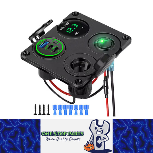 4 in 1 Green Switch Panel 12V QC3.0+Dual PD USB Charger Voltmeter Power Socket