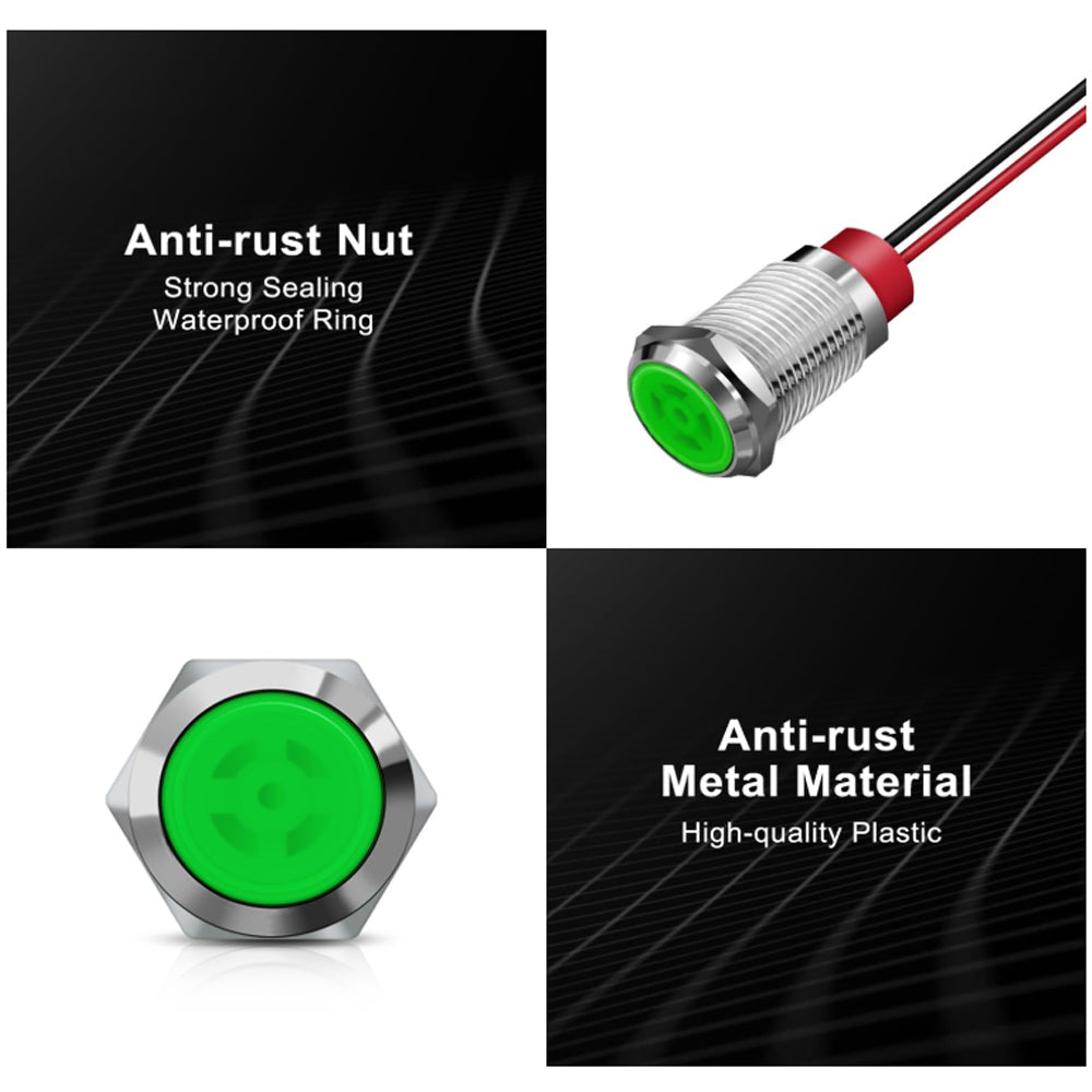 10 x Green LED Indicator Light 6mm Metal 12V-24V Pilot Signal Lamp IP67 Car Boat