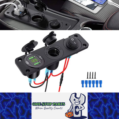 4 in1 Green Switch Panel 12-24V Dual QC3.0 USB Charger + Voltmeter +Power Socket