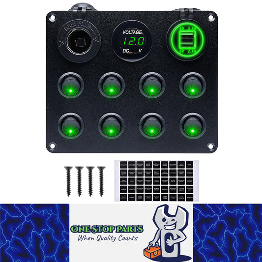12V-24V Green 8 Switch Panel  USB Port 12V Outlet Combination Marine LED Rocker