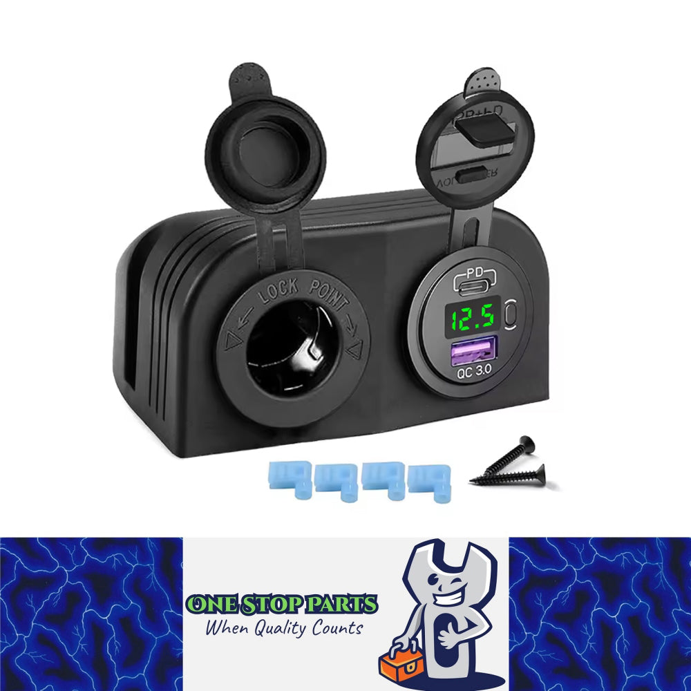 Tent Type Panel PD USB C & QC3.0 Charger & Voltmeter + Cigarette Lighter Socket