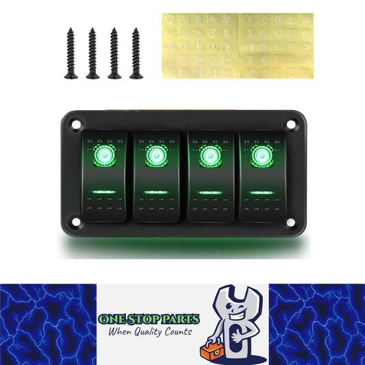 Pre Wired 4 Gang Switch Panel Green LED Rocker Switch Panel 12-24V Car Marine