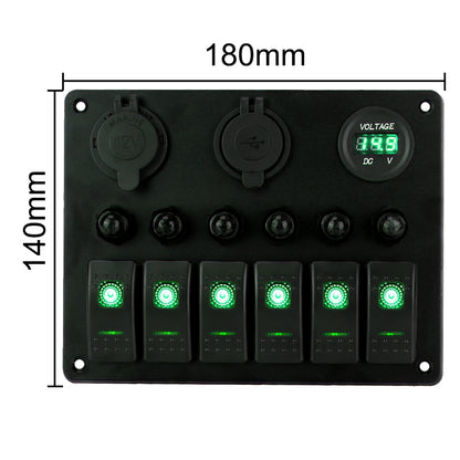 Green 6 Gang Switch Panel USB Charger Circuit Breakers Voltmeter Power Socket