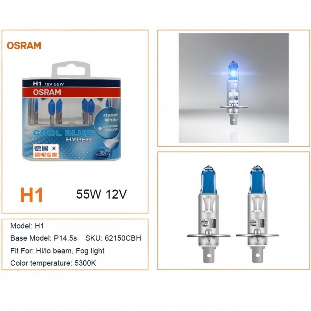 2 x Osram 12V H1 55W Halogen Cool Blue Hyper White Globes 5300K Original 62150