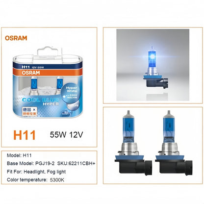 2 x Osram 12V H11 55W Halogen Cool Blue Hyper White Globes 5300K Original 62211