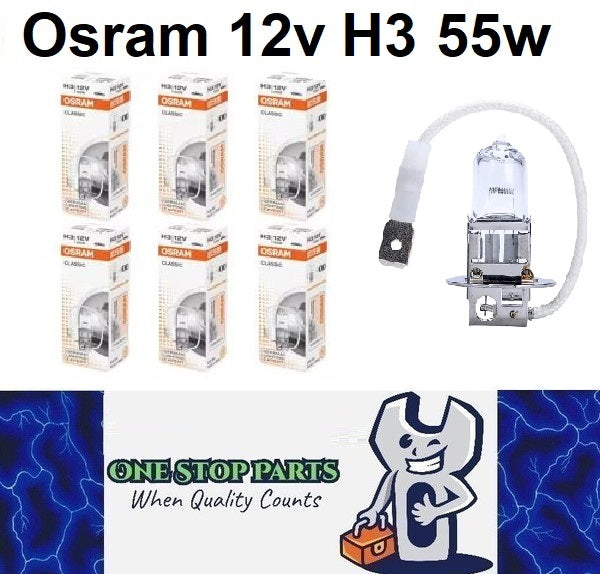 6 x Osram 12v H3 55w Halogen Clear Globes 3200k Classic 64151 (6pcs)