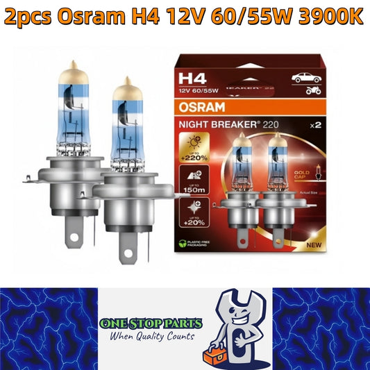 2 x Osram H4 12V 60/55W Night Breaker 220 Halogen +220% Bright 150m Dist 3900K