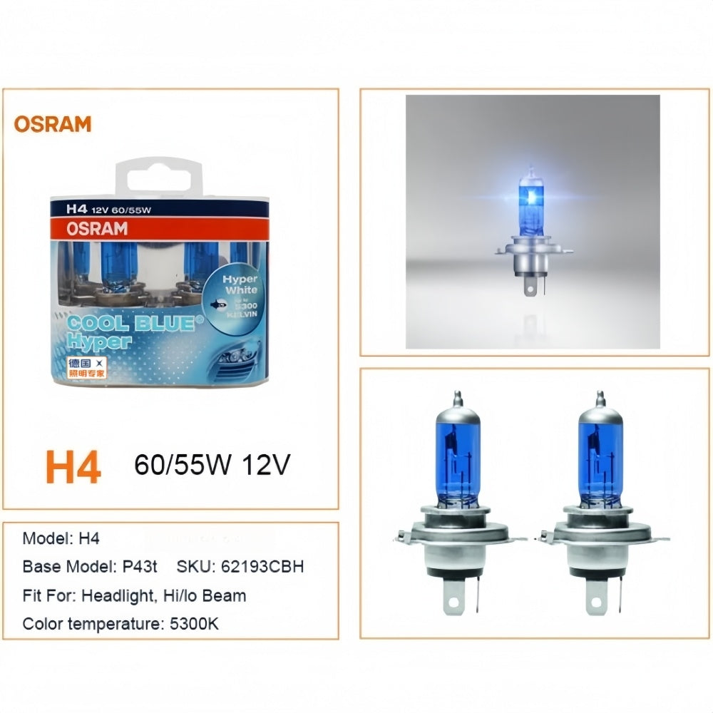 2 x Osram 12V H4 60/55W Hi/Low HB2 9003 Halogen Hyper White Globe 5300K