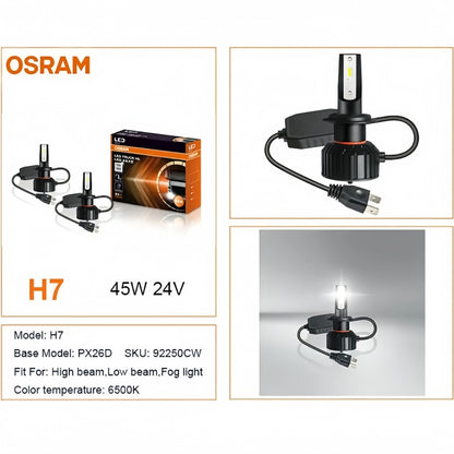 2 x Osram H7 LED Globes 24V 6500K 45W LED Truck Headlight Super Bright H7 Bulbs