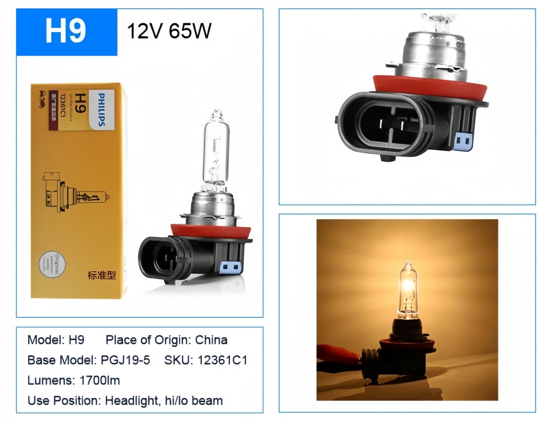 2 x PHILIPS H9 12V 65W Super Bright Halogen Globes 3200k Original Headlights