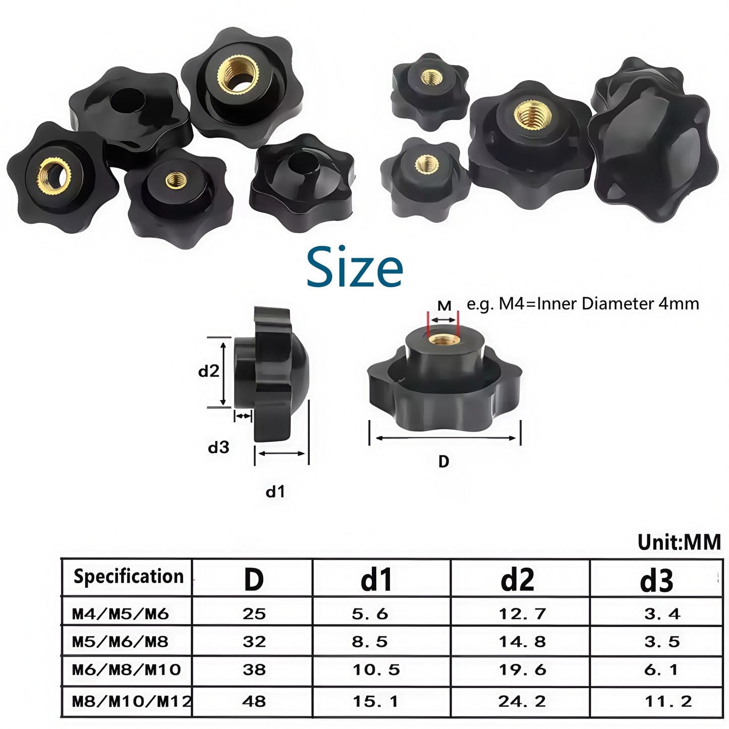 5 x M8 32mm Hand Tighten Nut 6 Petal with Stopper for Easy Release Applications