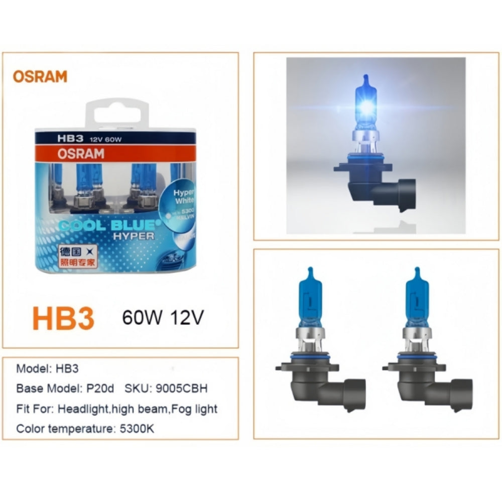 2 x Osram 12V HB3 60W Halogen Cool Blue Hyper White Globes 5300K Original 9005