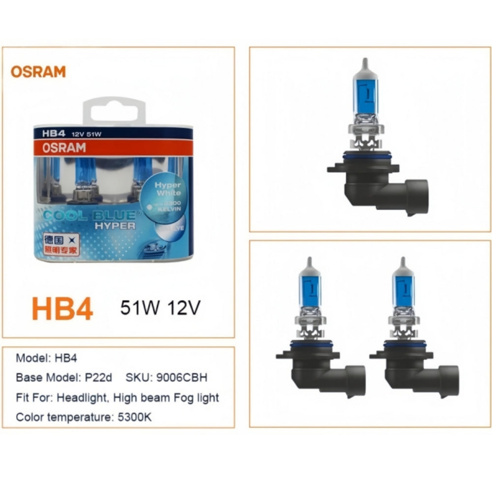 2 x Osram 12V HB4 51W Halogen Cool Blue Hyper White Globes 5300K Original 9006