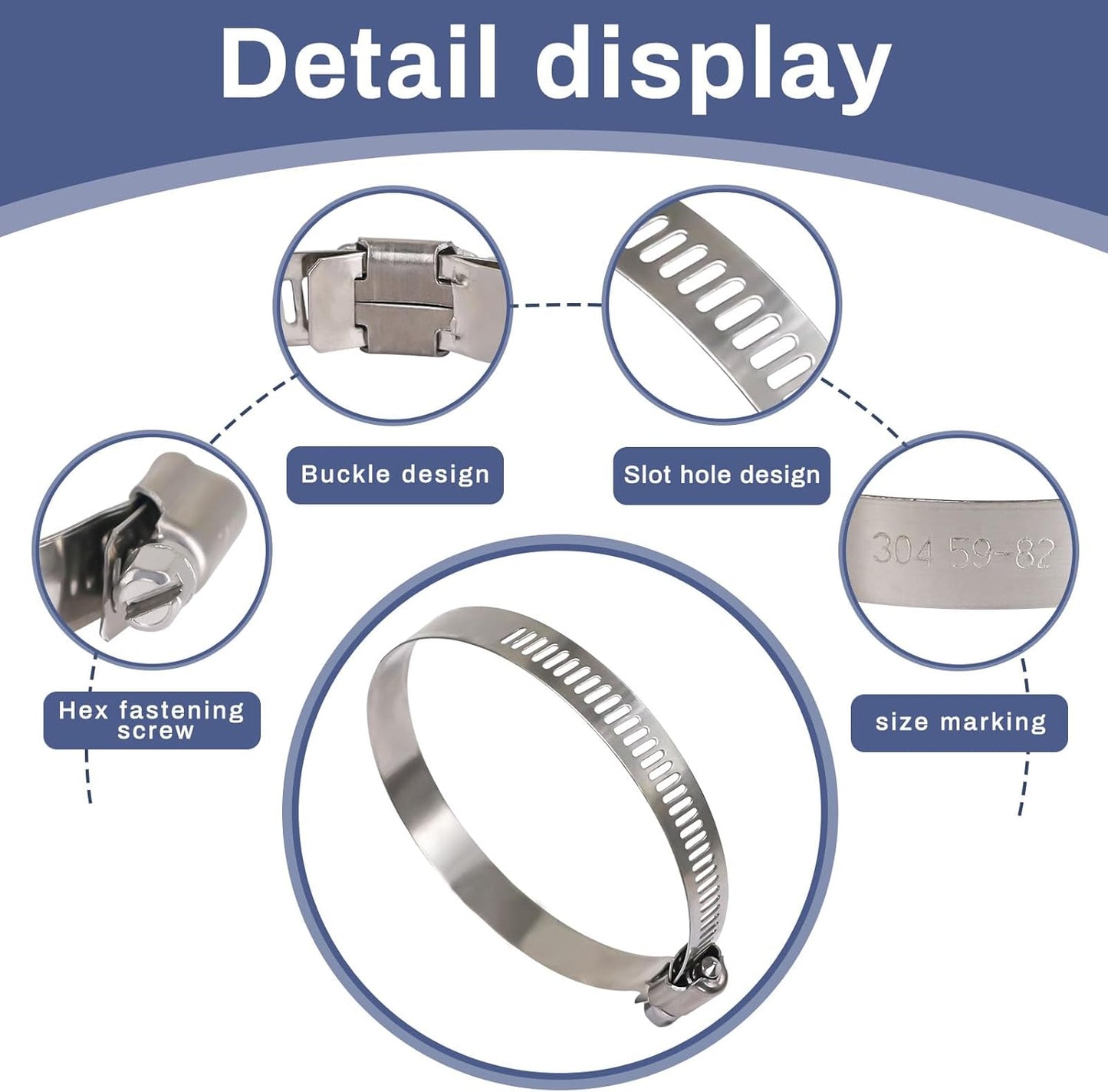 5 x 59-82mm Strong Stainless Steel Hose Clamps wide 12mm x 0.3mm Thick (10pcs)