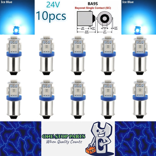 10 x BA9S ICE BLUE 24V 5SMD 360 DEGREE LIGHT 88LM IDEAL FOR PARKER OR DASH 10pcs