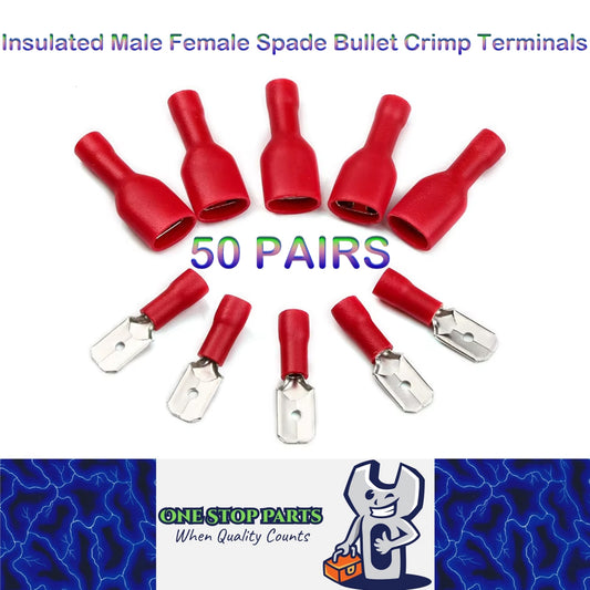 50 Pairs 22-18AWG Insulated Male Female Spade Bullet Crimp Terminals Red