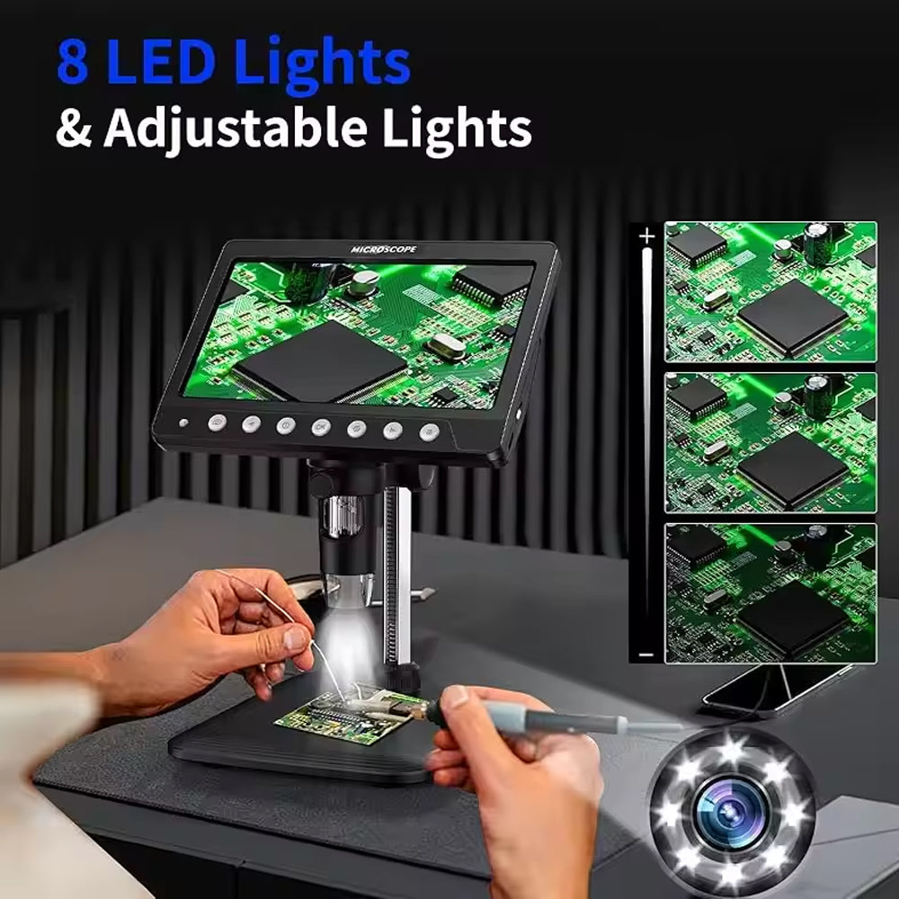 7 inch IPS 1200X Digital Microscope 5MP 1080P 8 LEDs Coin Microscope for Circuit