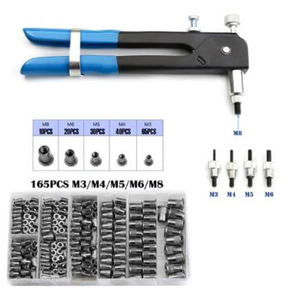 165 Piece Kit Nut Rivet Gun and Silver Alloy Rivets M3 M4 M5 M6 M8 (165pcs)