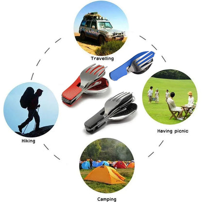 Blue Foldable Multi-Functional Knife Fork Spoon Combo for Camping and Travel