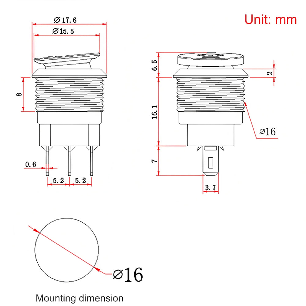 5x White LED 16mm Metal Rocker Switch 12-24V 10A 3Pin ON/OFF Self-Locking Switch