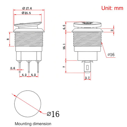 5x Yellow Power LED 16mm Metal Rocker Switch 12-24V 10A 3Pin ON/OFF Self-Locking