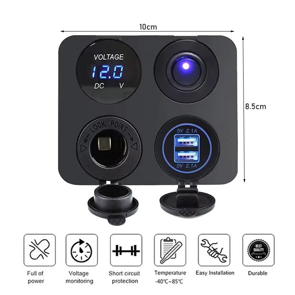 Red LED 4 in1 12V Switch Panel USB Charger Voltmeter Switch and Power Socket