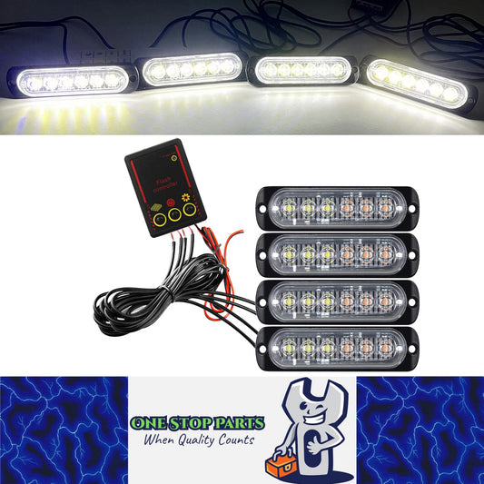 4pcs LED Front Grille Lights White LED Strobe Lights Remote Grill Warning Lamp