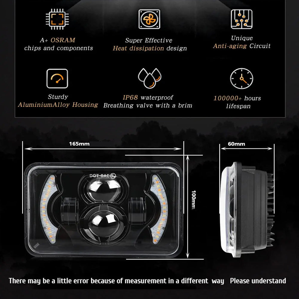 2x Led Headlight 100x165mm Hi/Lo Beam White/Amber DRL for H4656/H4651/4652/H4666