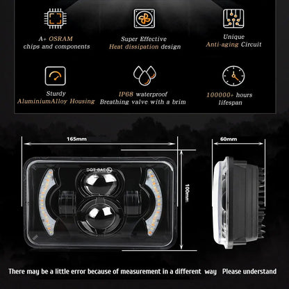 2x Led Headlight 100x165mm Hi/Lo Beam White/Amber DRL for H4656/H4651/4652/H4666