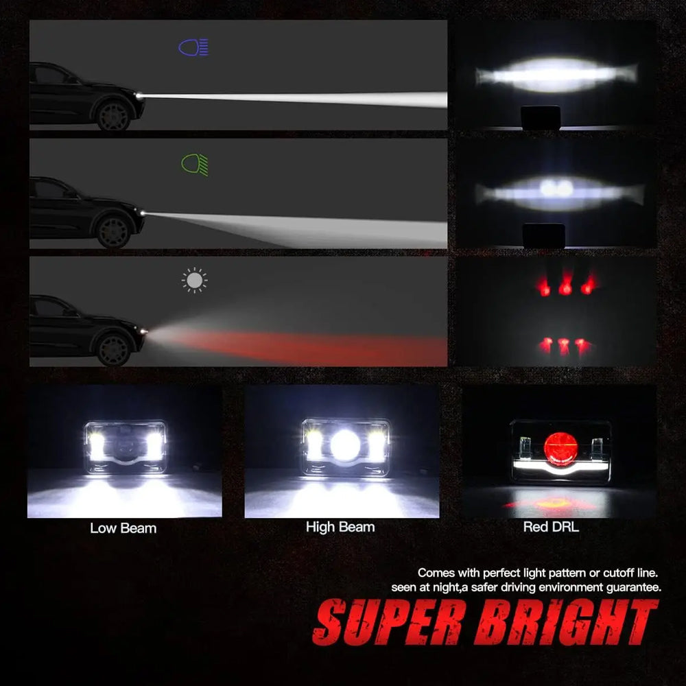 2 x Led Headlight 104x157mm High/Low Beam & Red DRL for H4656/H4651/H4652/H4666