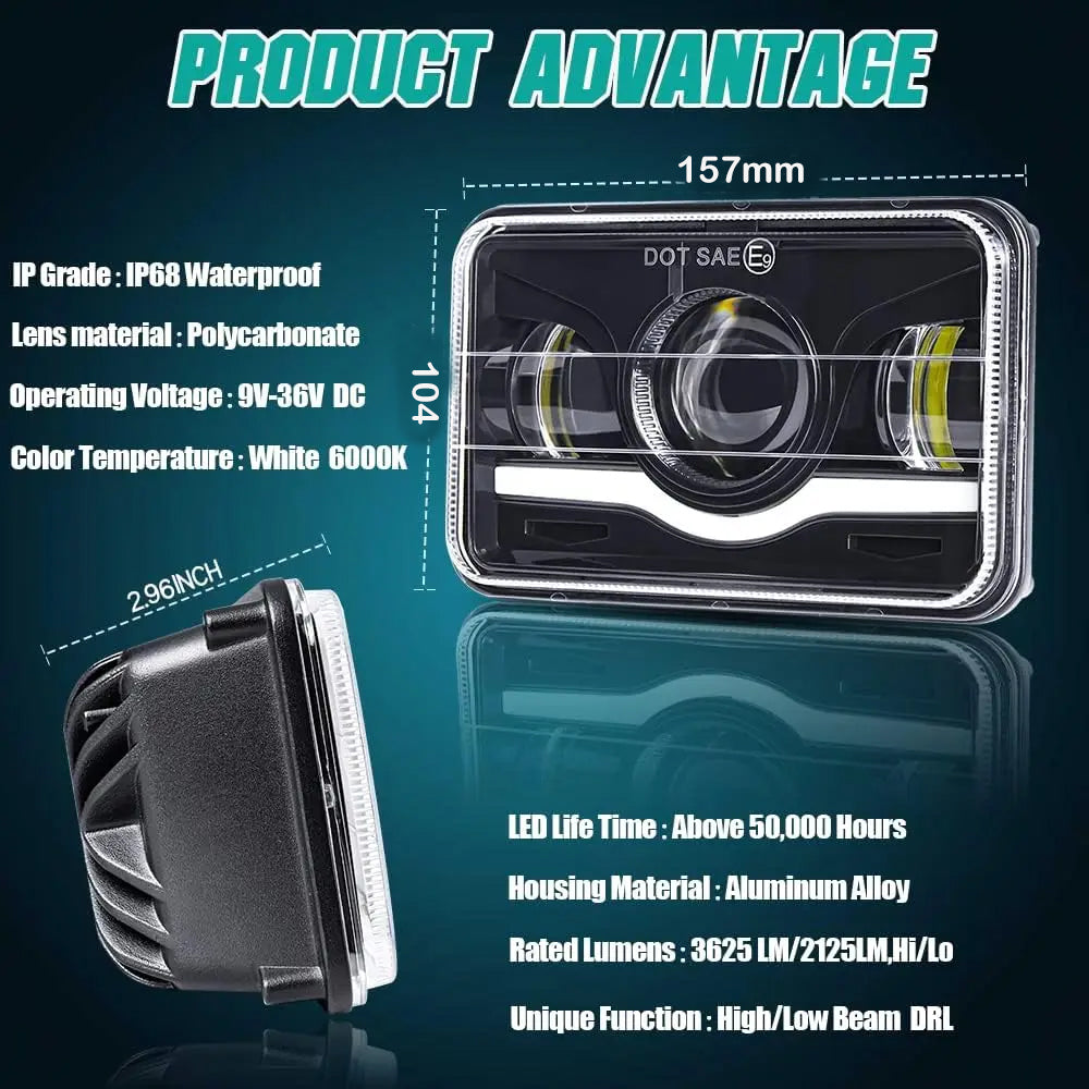 2 x Led Headlight 104x157mm High/Low Beam & Red DRL for H4656/H4651/H4652/H4666