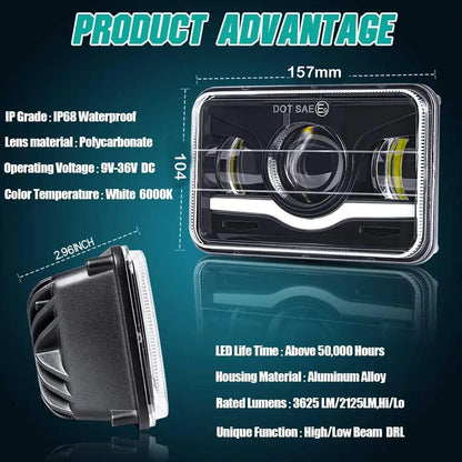 2 x Led Headlight 104x157mm High/Low Beam & Red DRL for H4656/H4651/H4652/H4666