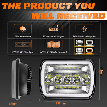 1 x Led Headlight 142x198mm 4 Modes High/Low Beam DRL Indicator 12-24V headlamp
